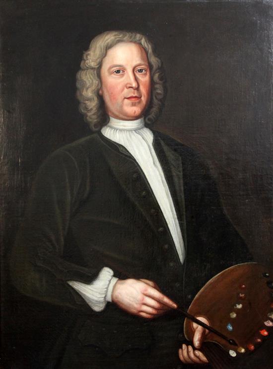 18th century English School Half length portrait of an artist standing holding a palette 36 x 27in.